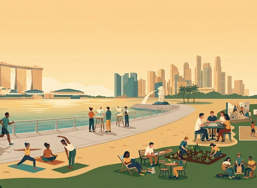 Illustration of Singapore's waterfront with Marina Bay behind, where neighbours jog, practise yoga, paint, play board games, garden and chat in a park