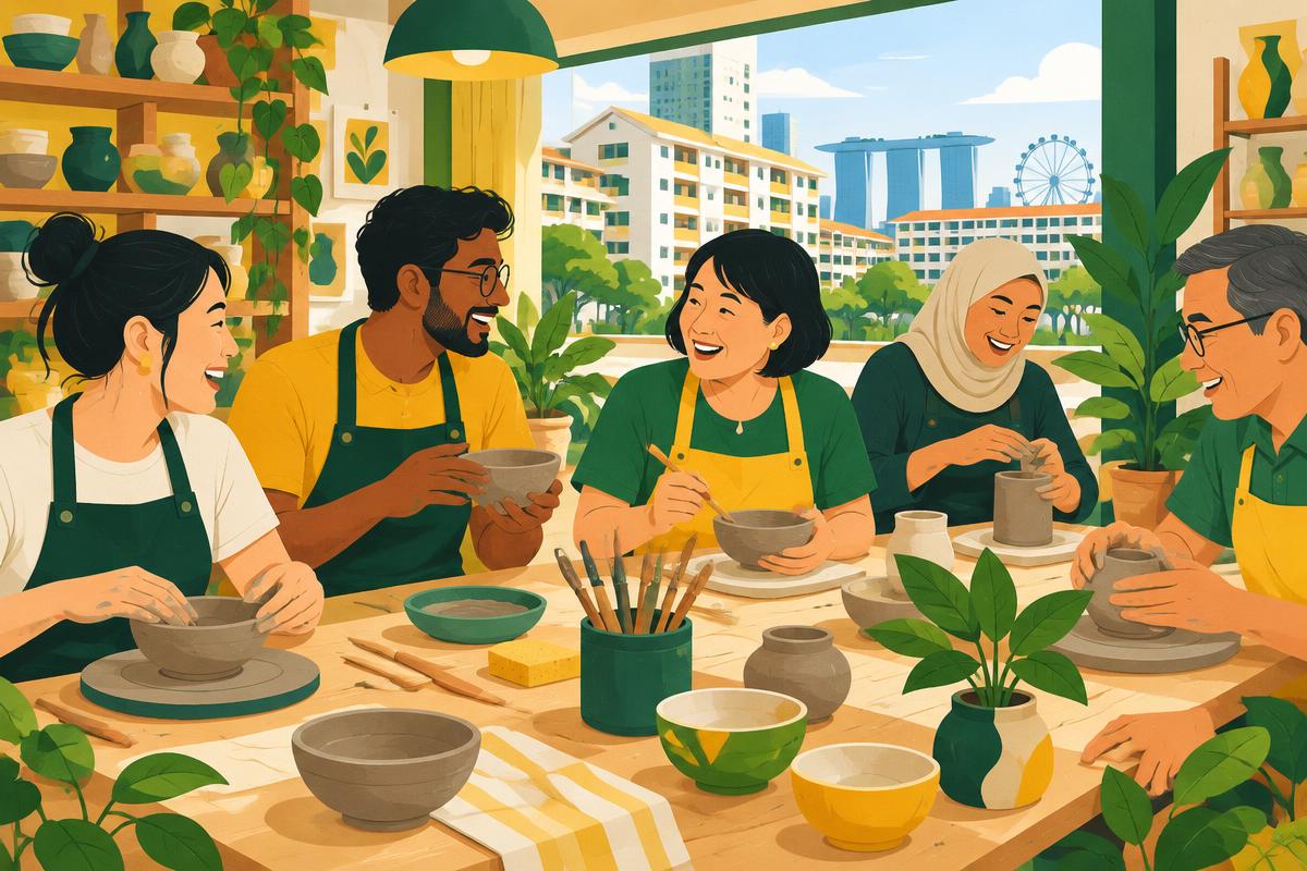 Placeholder illustration of neighbours making pottery together in a Singapore studio