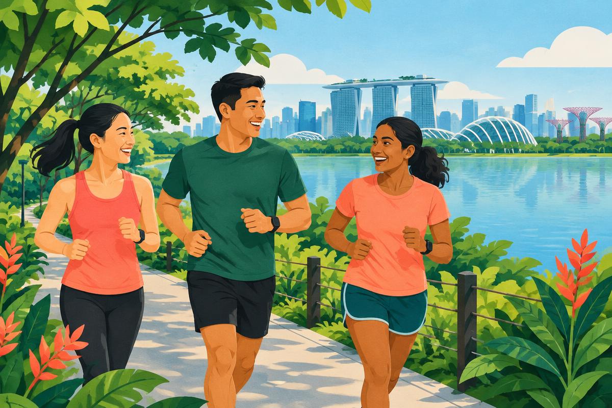 Placeholder illustration of friends jogging beside a Singapore reservoir