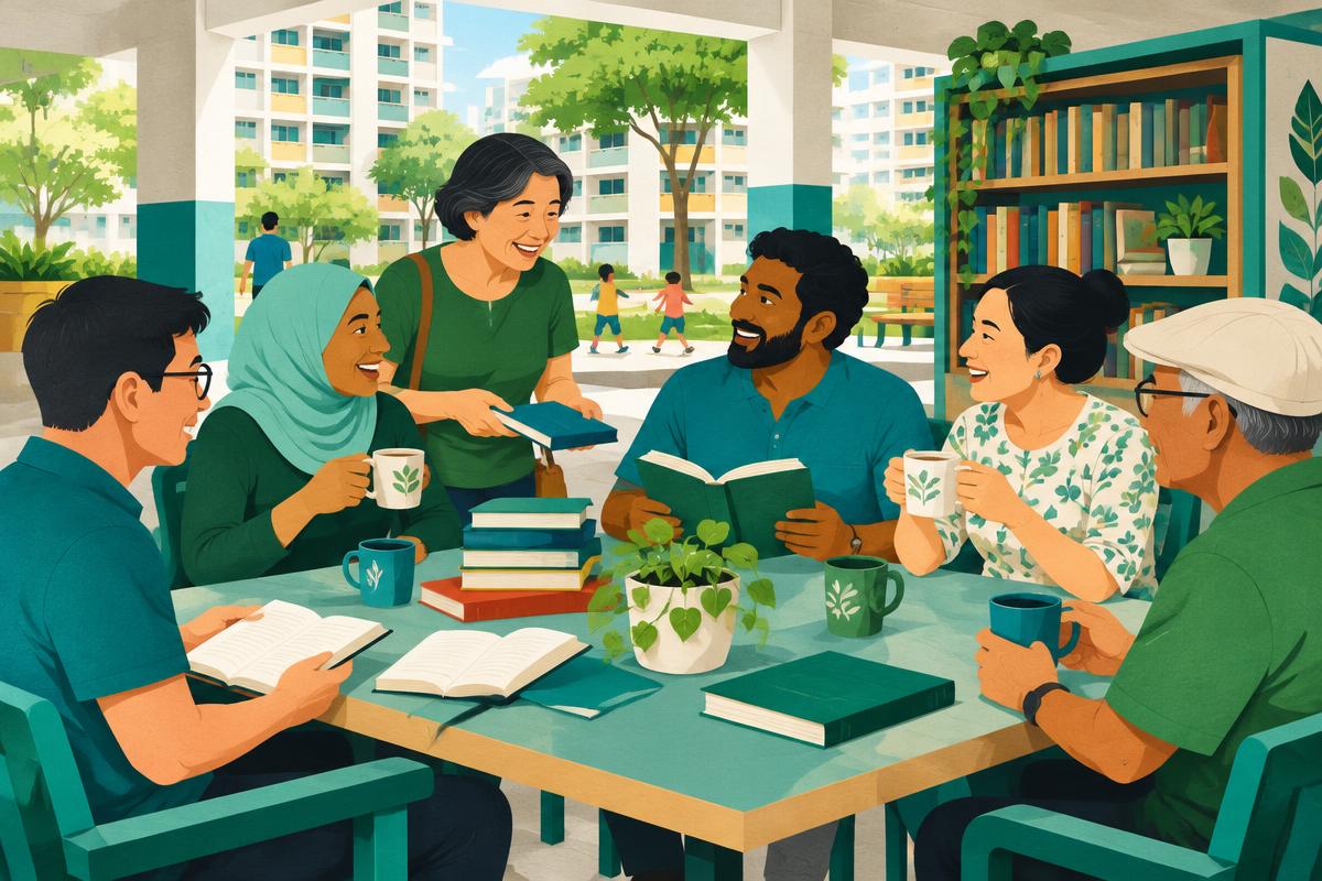 Placeholder illustration of neighbours sharing books at an HDB void deck